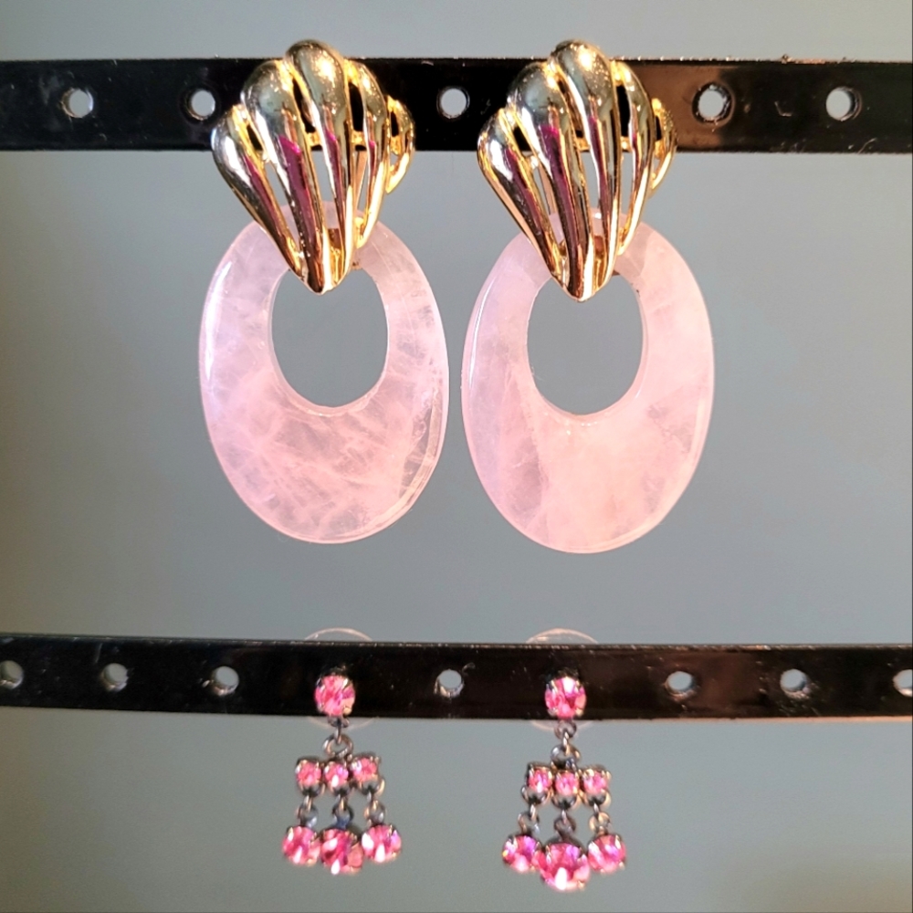 Genuine Rose Quartz Goldtone Earrings Plus Bonus